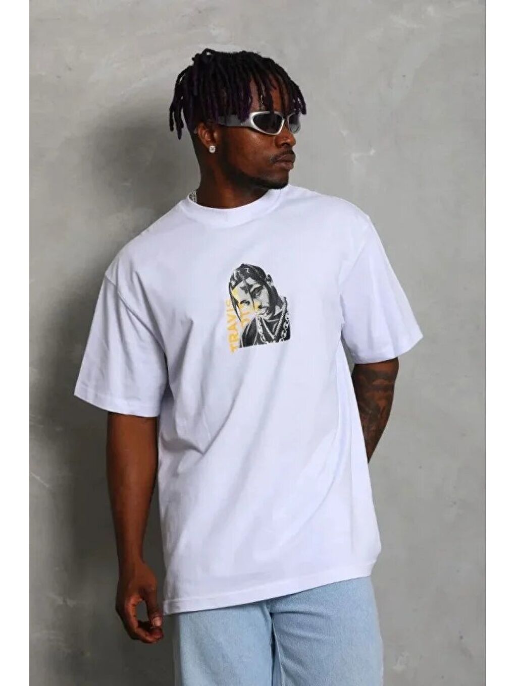 Beyaz Erkek Baskılı Tişört-2