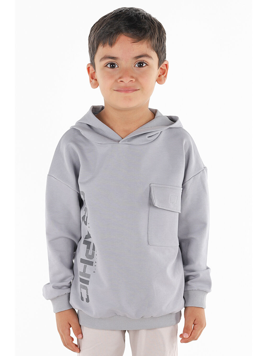 Gri Kapüşonlu Graphic Baskılı Uzun Kollu Erkek Çocuk Sweatshirt