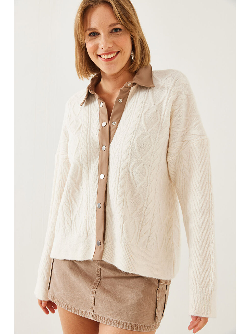 Kahverengi Kadın Polo Yaka Hırka Th-3