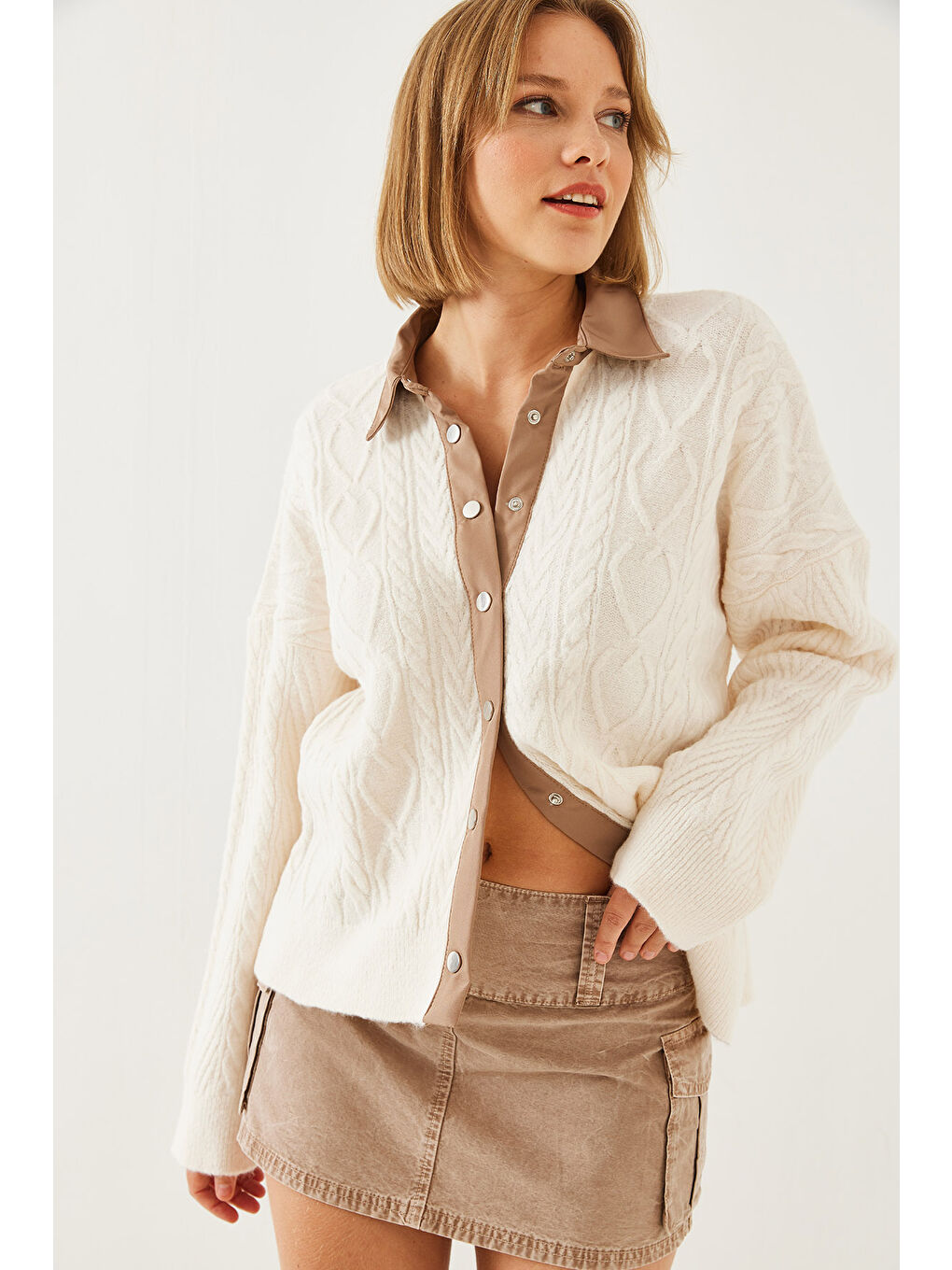 Kahverengi Kadın Polo Yaka Hırka Th-5