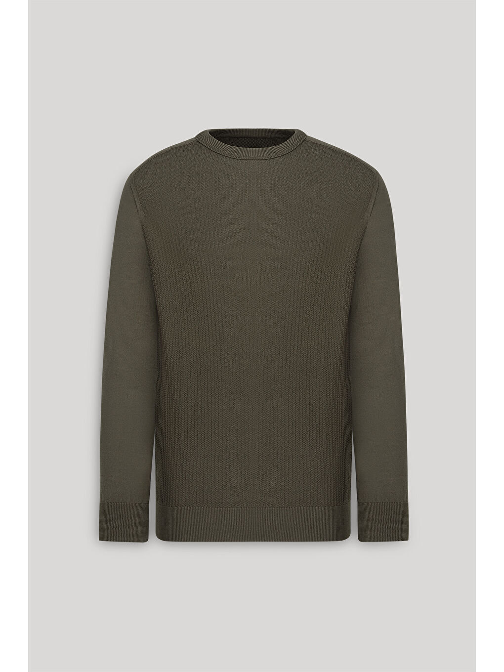 Erkek Haki Standart Fit Normal Kesim Bisiklet Yaka Jakarlı Triko Kazak-5