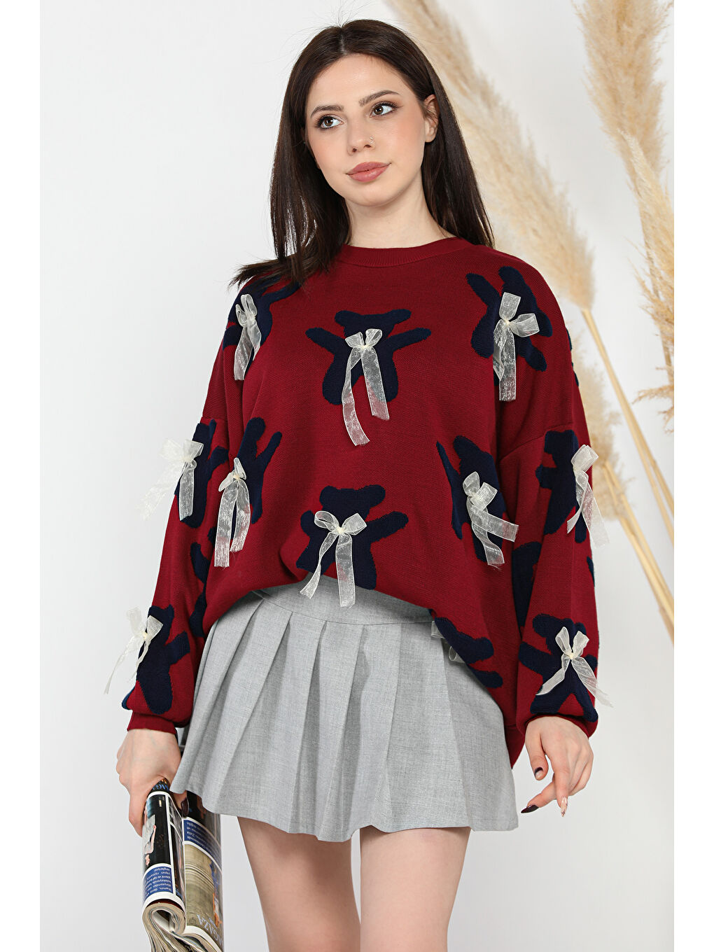 Bordo Ayıcık Desenli Kurdeleli Bisiklet Yaka Kadın Triko Kazak