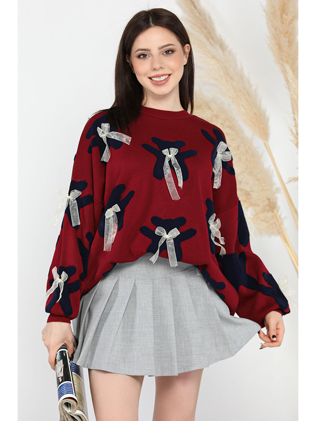 Bordo Ayıcık Desenli Kurdeleli Bisiklet Yaka Kadın Triko Kazak-1