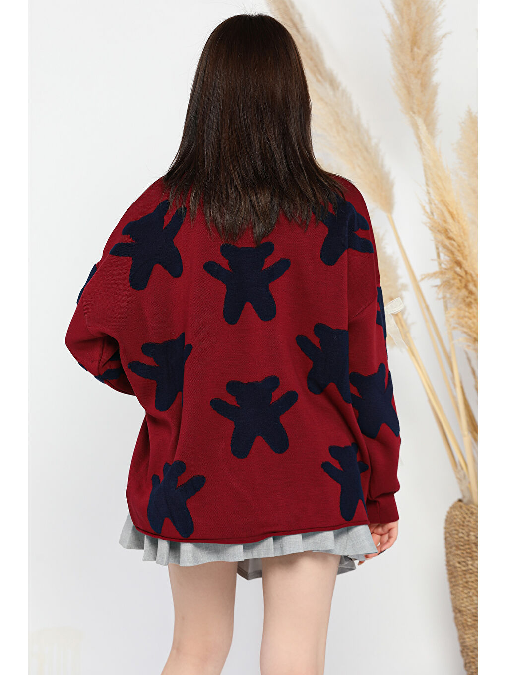 Bordo Ayıcık Desenli Kurdeleli Bisiklet Yaka Kadın Triko Kazak-2