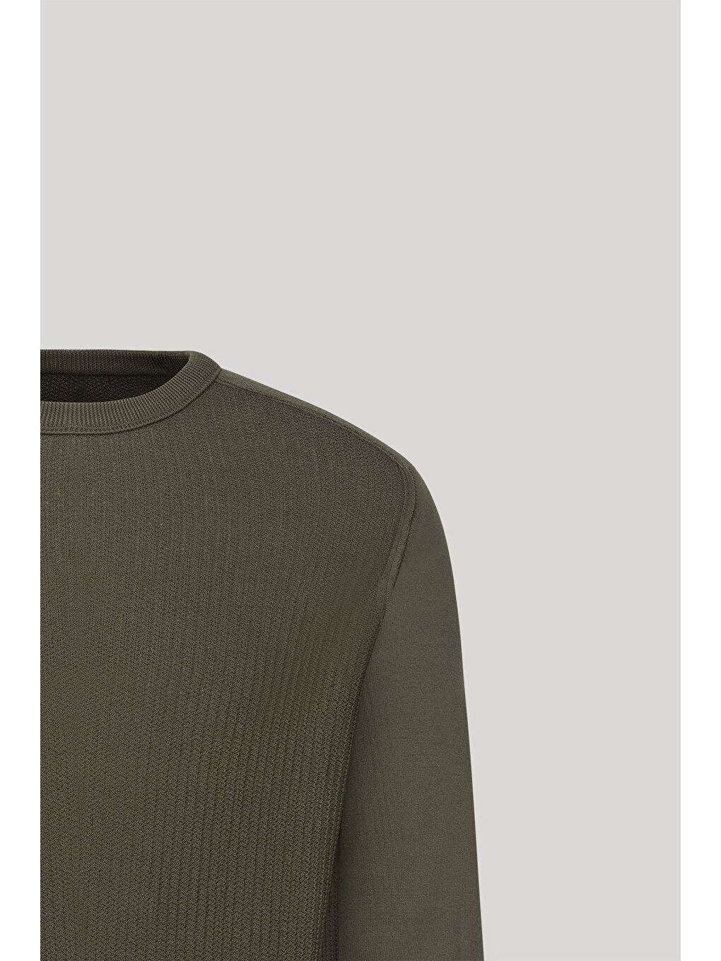 Erkek Haki Standart Fit Normal Kesim Bisiklet Yaka Jakarlı Triko Kazak-6