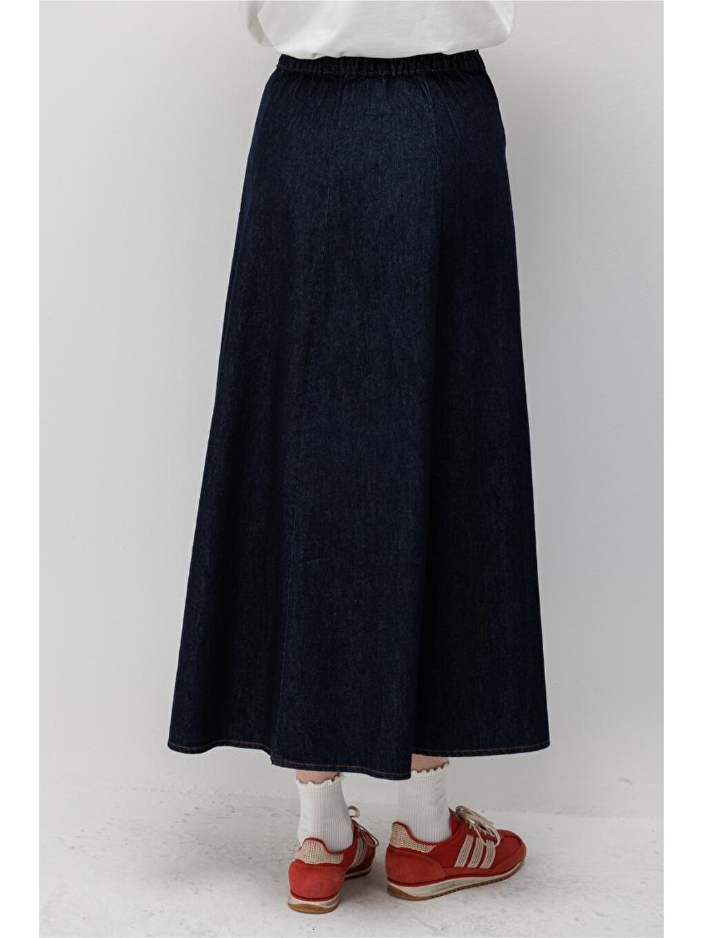 Beli Lastikli Volan Kesim Lacivert Denim Etek-4