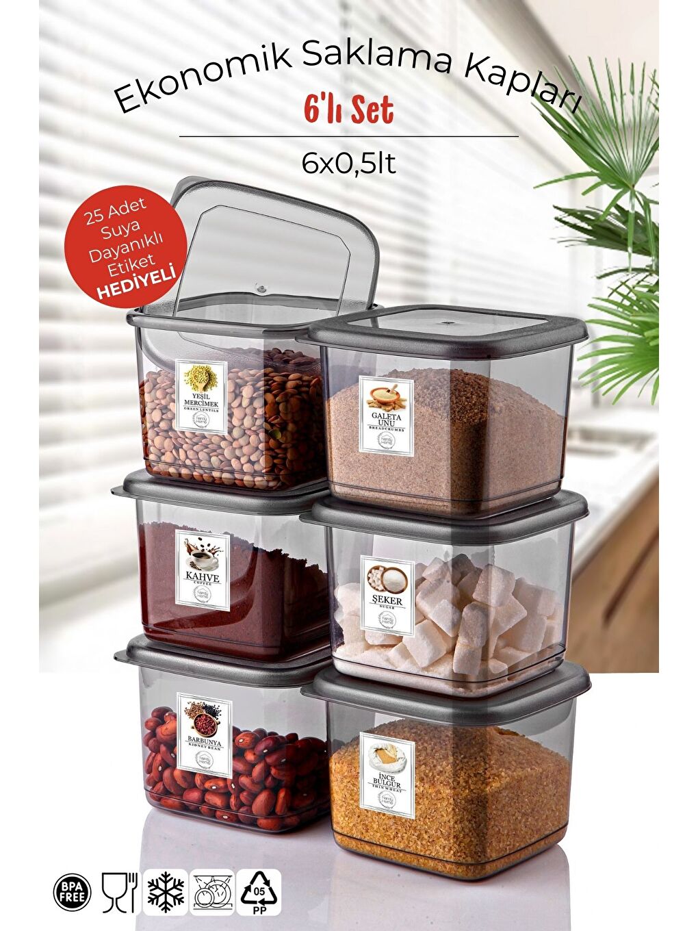 Etiketli 6'lı Antrasit Ekonomik Kırılmaz Saklama Kabı Seti 6x0,5 Lt.