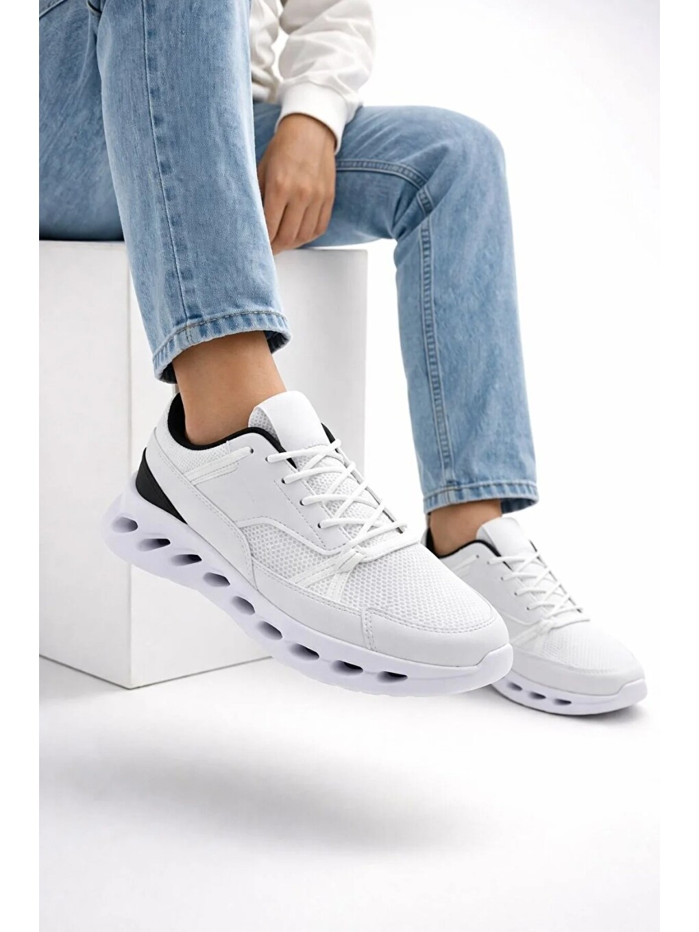 Erkek Beyaz Street Style Sneaker Hafif Esnek Taban Günlük Kullanım Spor Yürüyüş Ayakkabısı-2