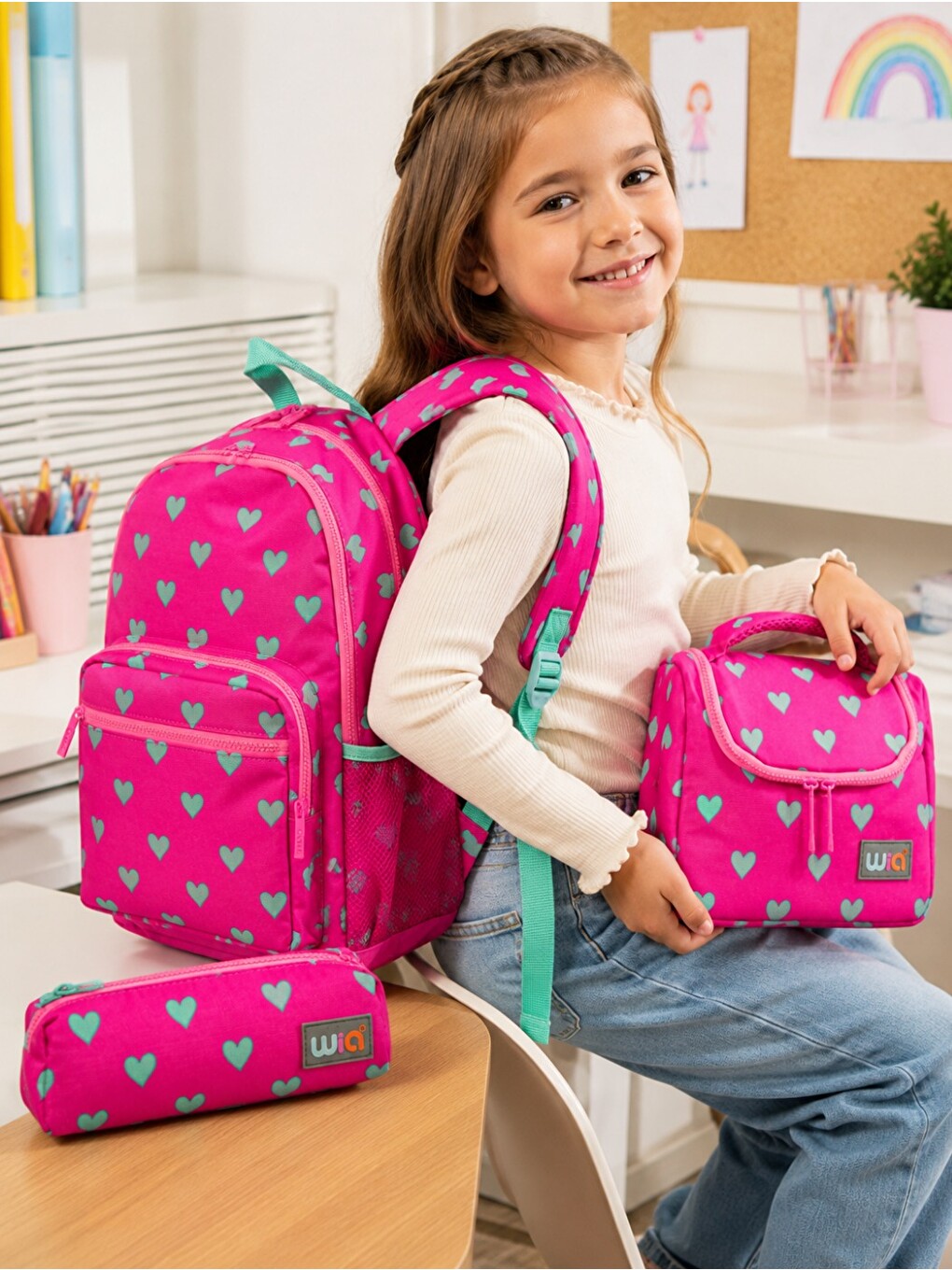 Pembe Wia Gamer Desenli Kız Çocuk Okul Çantası 3’lü Set – Sırt Çantası, Beslenme Çantası Ve Kalemlik-1