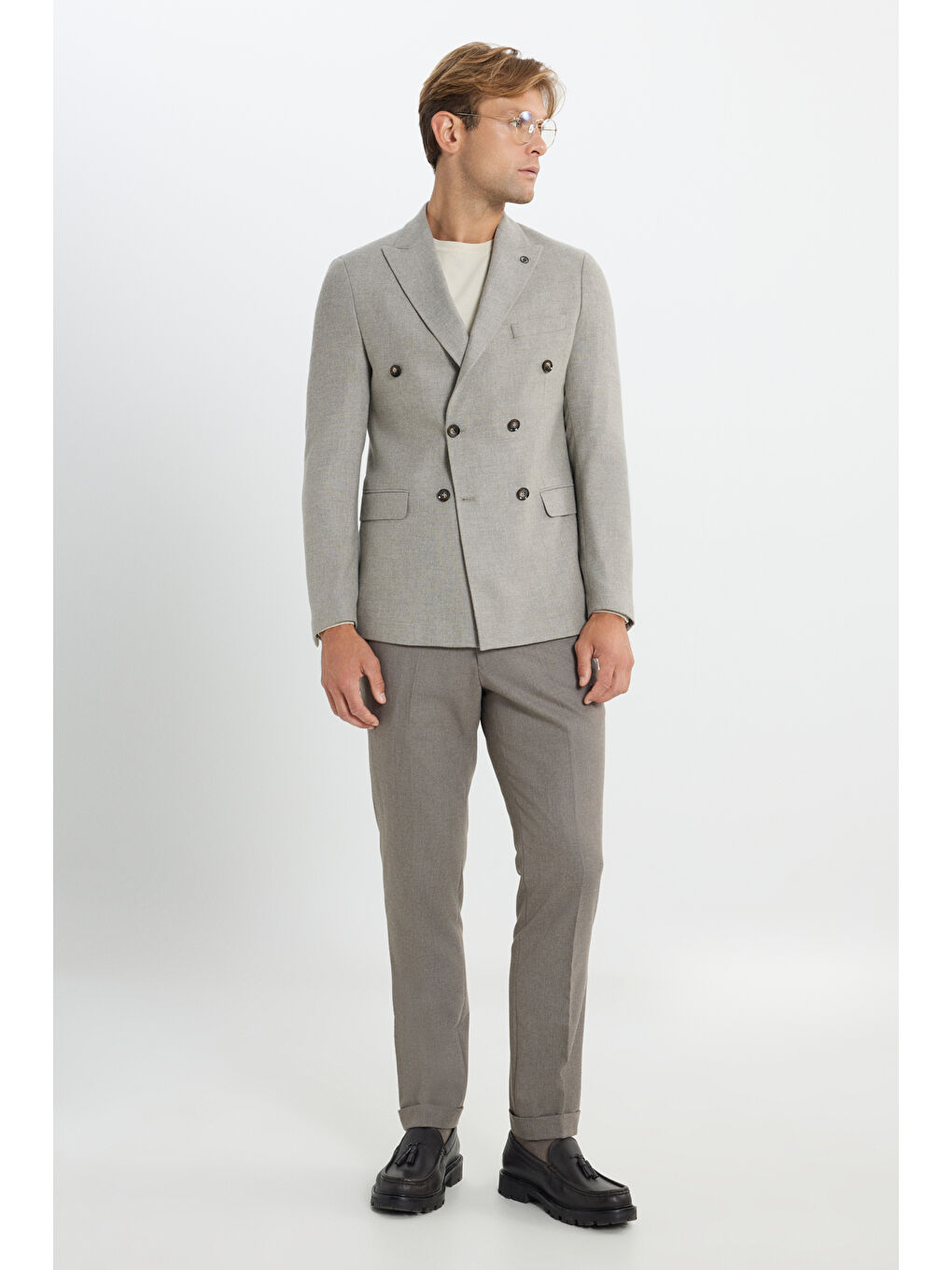 Bej Erkek Vizon Yünlü Slim Fit Dar Kesim Kırlangıç Yaka Kapak Cepli Blazer Ceket-2