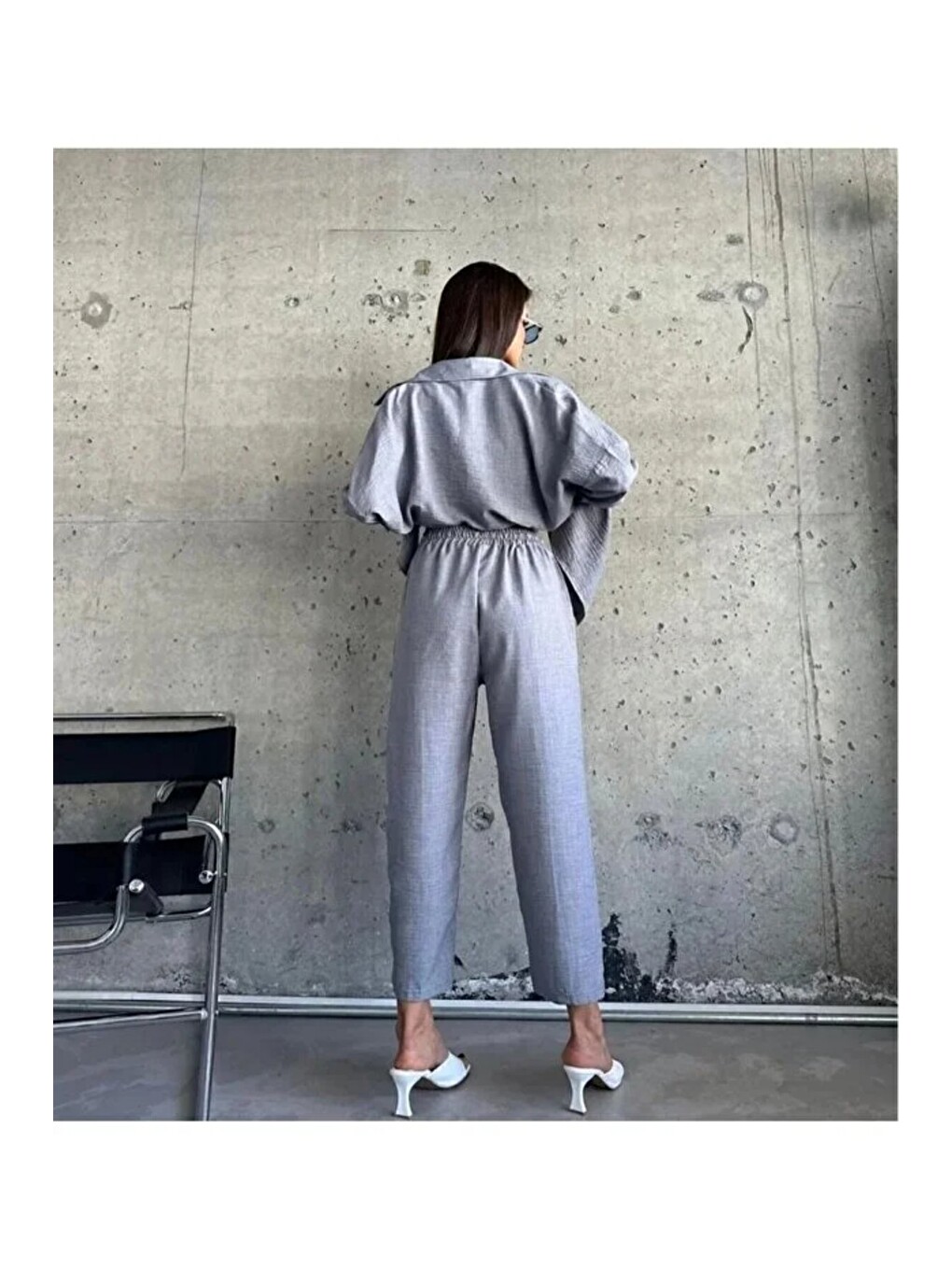 Kadın Çift Cepli Oversize Gömlek Pantolon Takım Gri-1