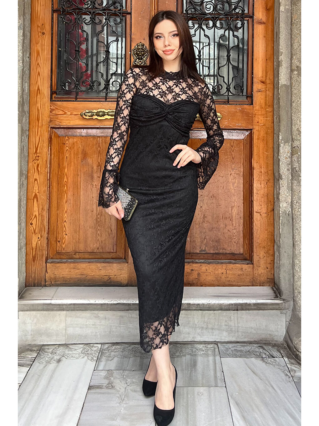 Siyah Kadın Güpürlü Göğüs Düğüm Detaylı Astarlı Elbise