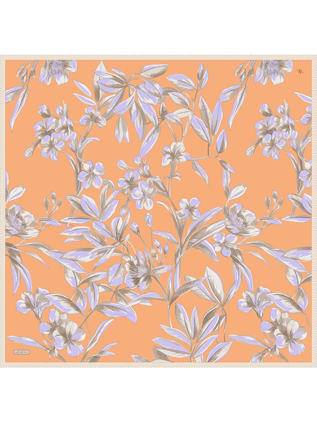 Turuncu Çiçek Desenli Saf İpek Twill Eşarp 9324 33-3