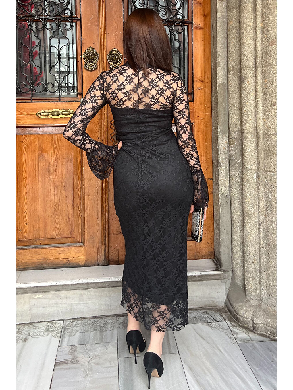 Siyah Kadın Güpürlü Göğüs Düğüm Detaylı Astarlı Elbise-3