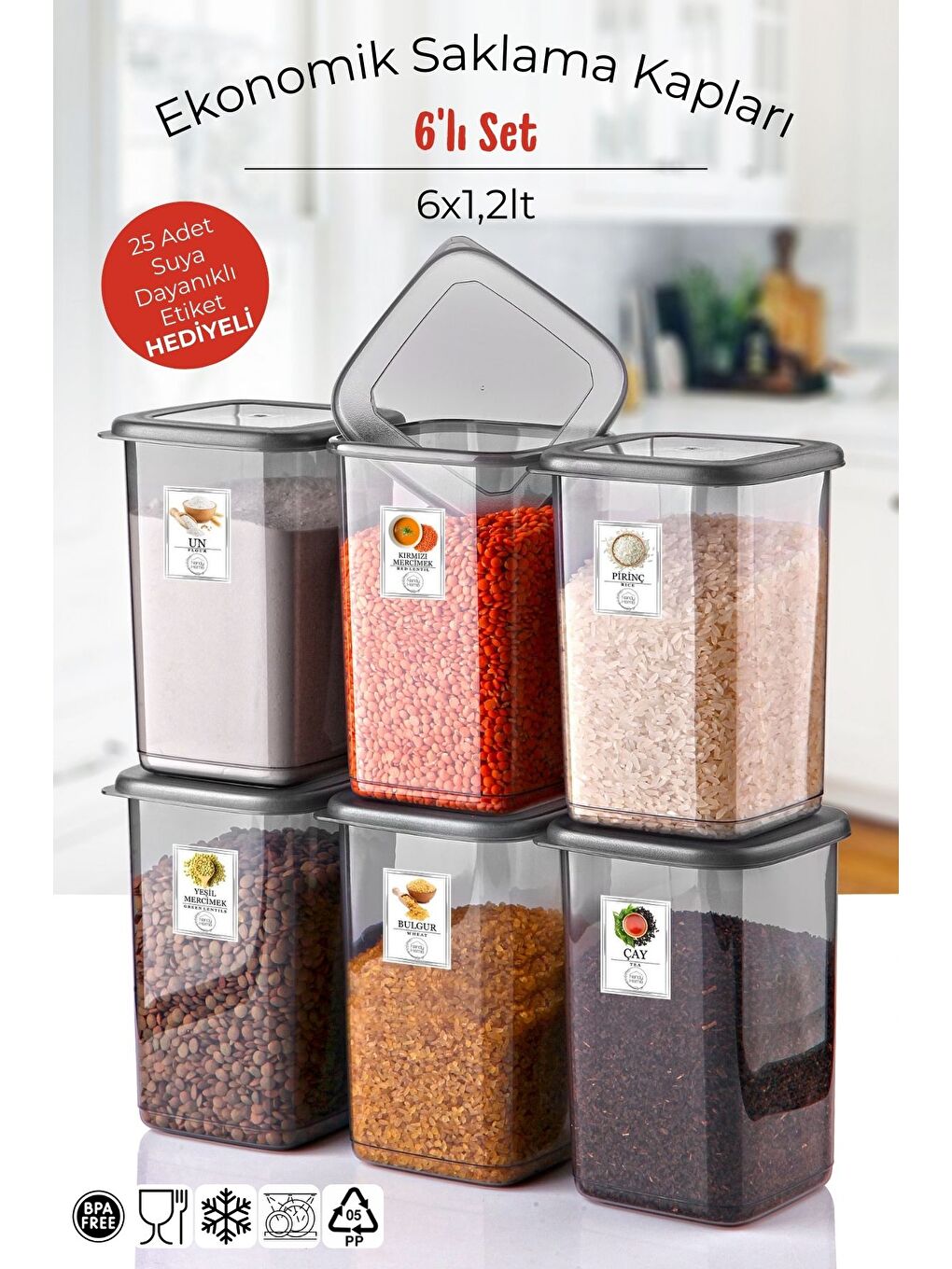 Etiketli 6'lı Antrasit Ekonomik Kırılmaz Saklama Kabı Seti 6x1,2 Lt.