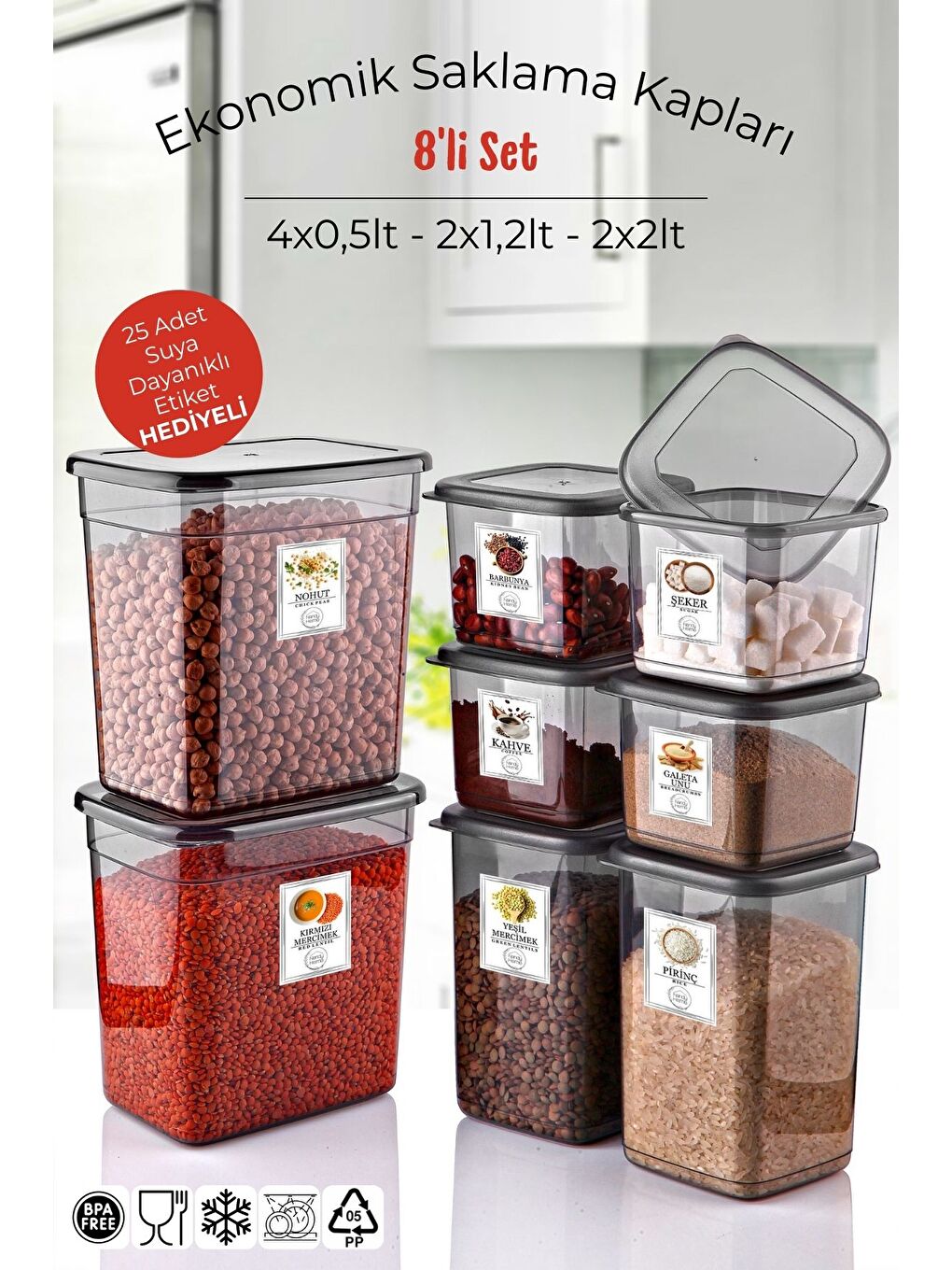 Etiketli 8'li Antrasit Ekonomik Kırılmaz Saklama Kabı Seti 4x0,5/2x1,2/2x2 Lt.