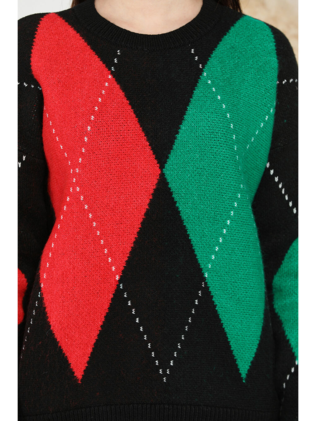 Siyah Desenli Kadın Bisiklet Yaka Triko Kazak-3