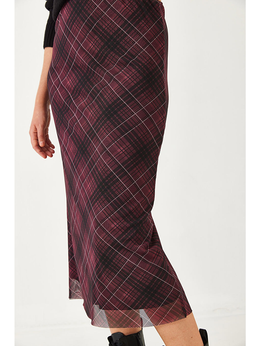 Bordo Kadın Astarlı Desenli Uzun Etek-1