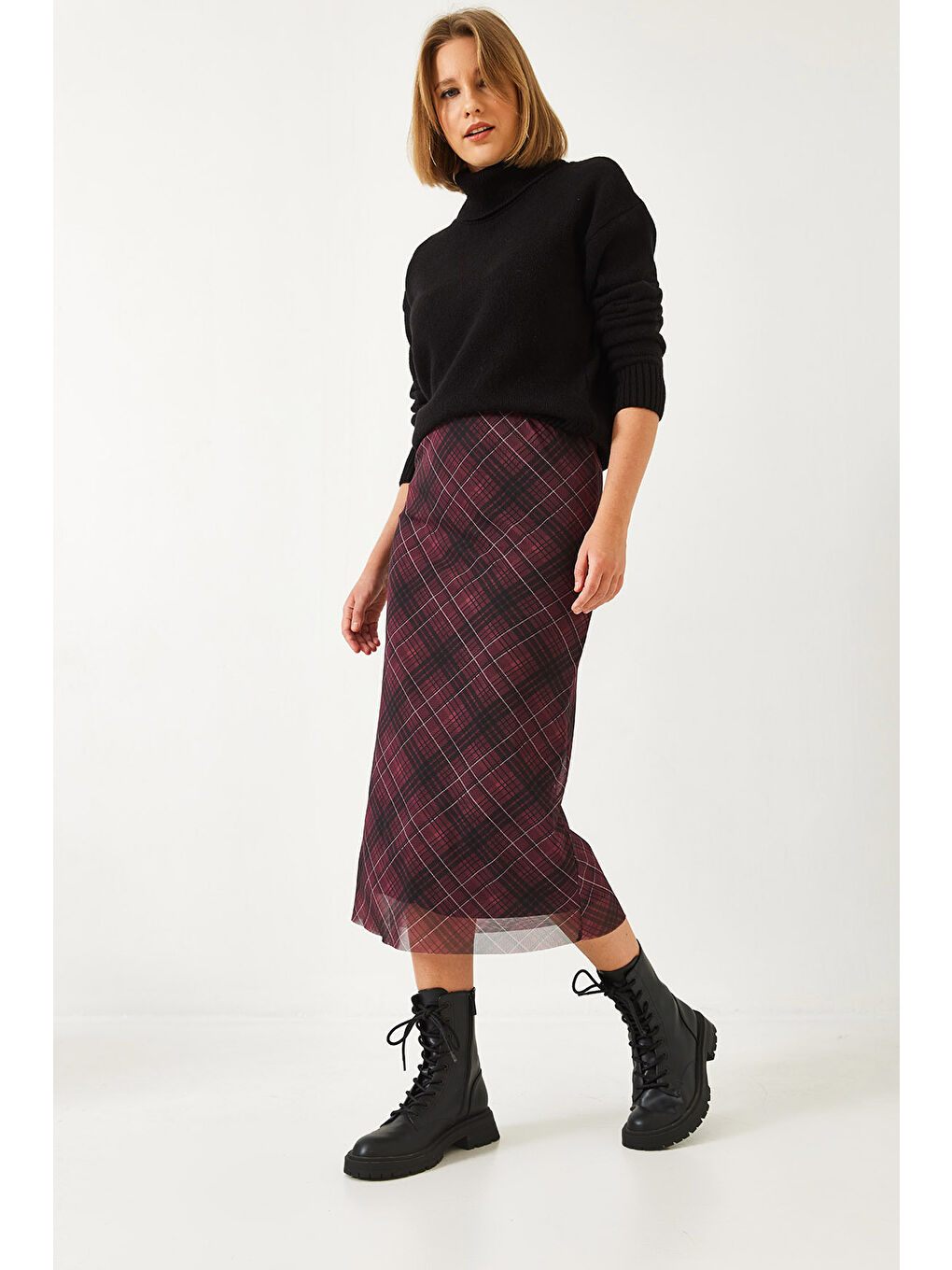 Bordo Kadın Astarlı Desenli Uzun Etek-4