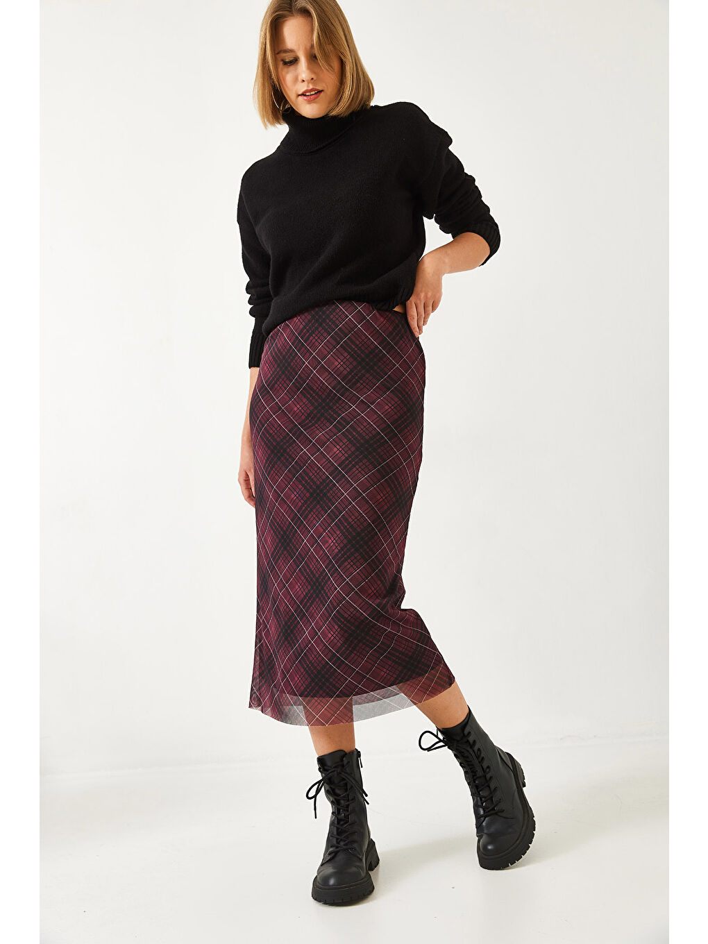 Bordo Kadın Astarlı Desenli Uzun Etek-5