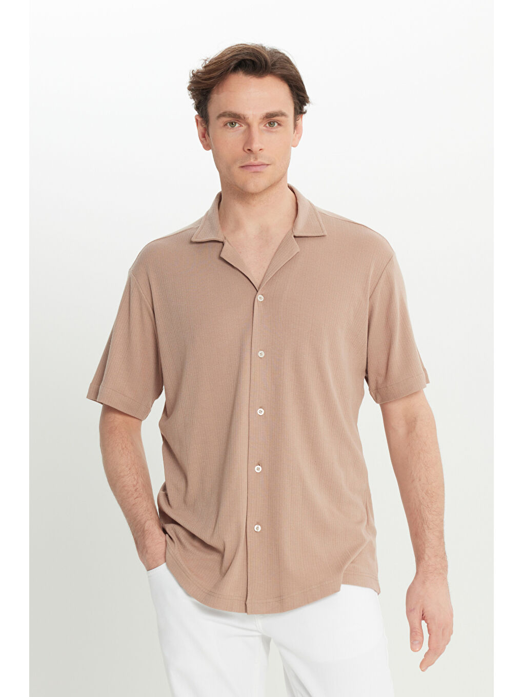 Bej Erkek Vizon Comfort Fit Rahat Kesim Hawai Yaka Jakarlı Gömlek-2
