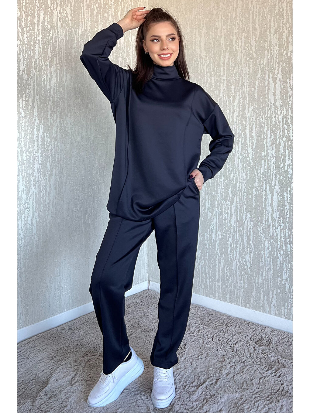 Lacivert Kadın Yarım Balıkçı Yaka Tunik Pantolon İkili Takım