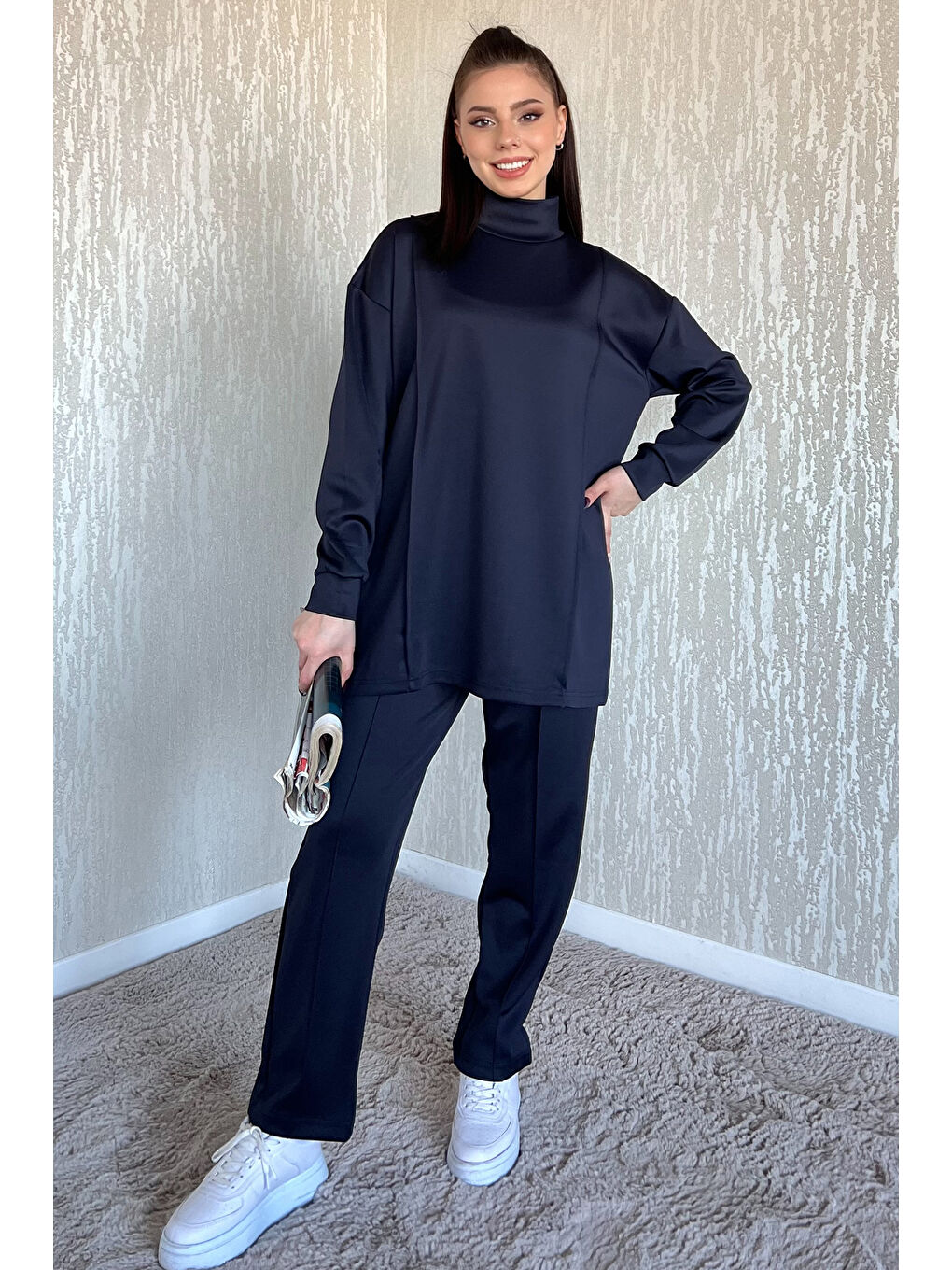 Lacivert Kadın Yarım Balıkçı Yaka Tunik Pantolon İkili Takım-1