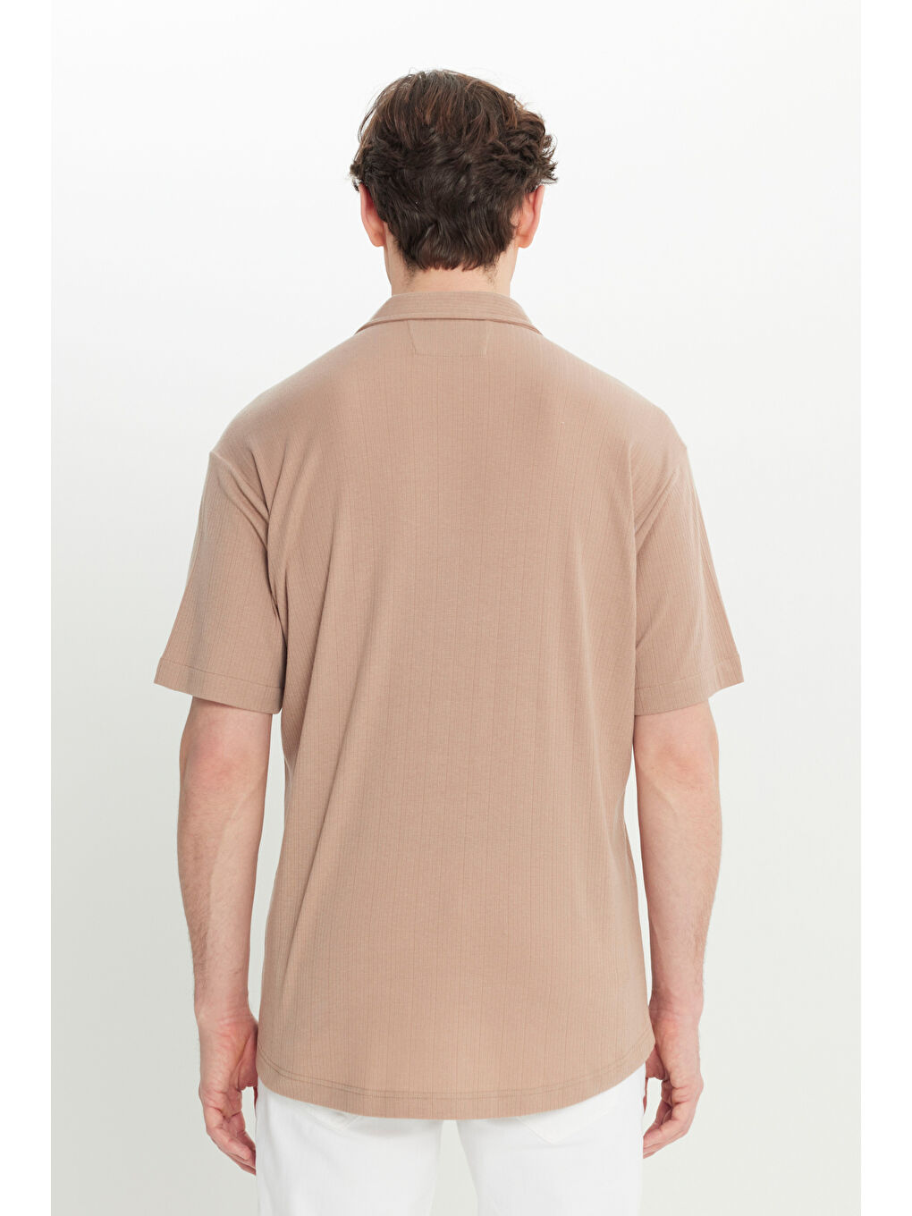 Bej Erkek Vizon Comfort Fit Rahat Kesim Hawai Yaka Jakarlı Gömlek-4