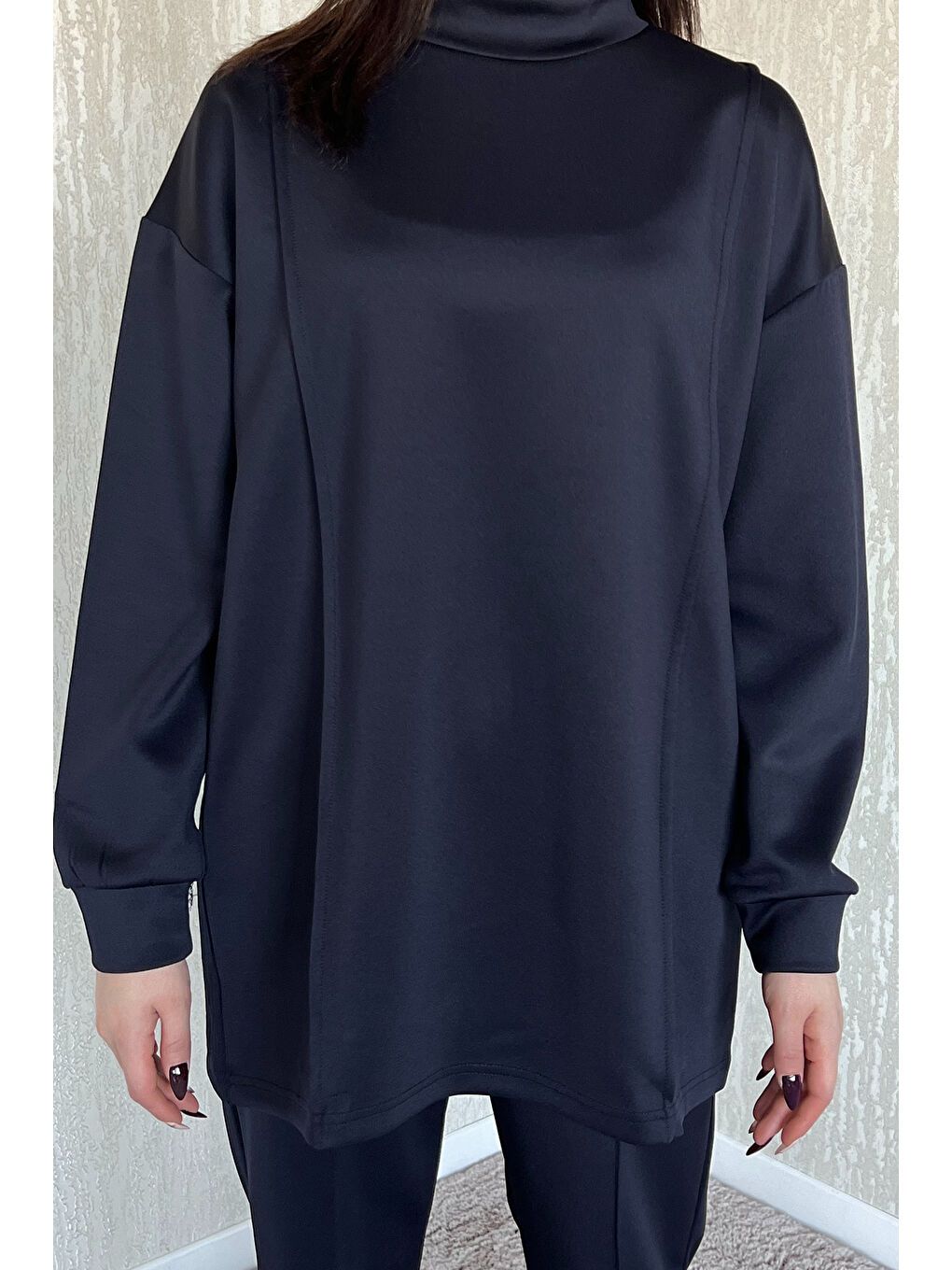 Lacivert Kadın Yarım Balıkçı Yaka Tunik Pantolon İkili Takım-3