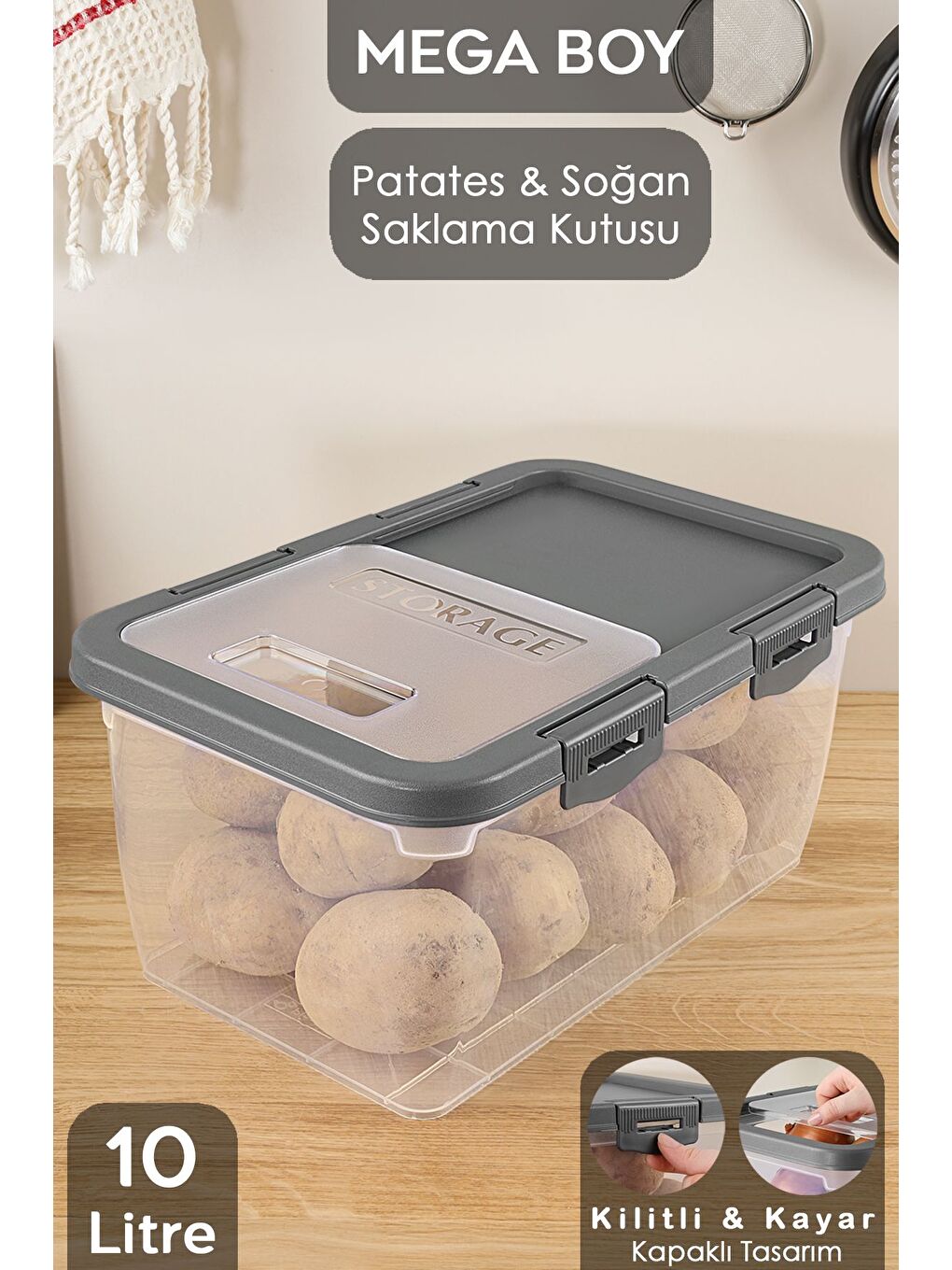 1 Adet Patates Soğan Kutusu Kayar Kapaklı Sebzelik Patates Soğanlık Saklama Kabı Gri 10 Lt