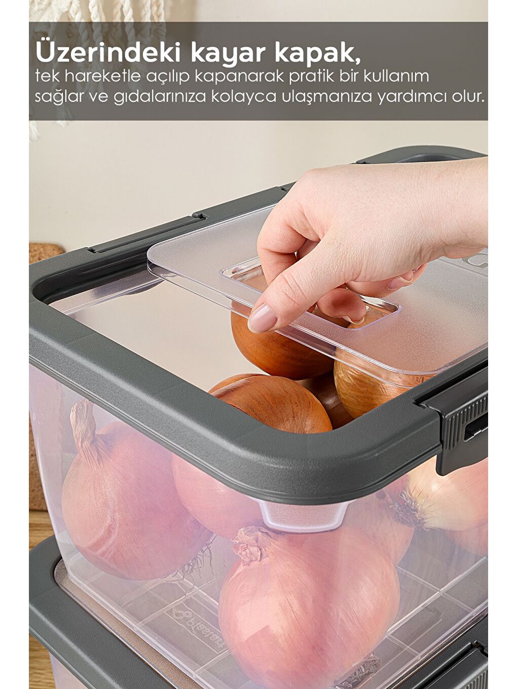 1 Adet Patates Soğan Kutusu Kayar Kapaklı Sebzelik Patates Soğanlık Saklama Kabı Gri 10 Lt-1