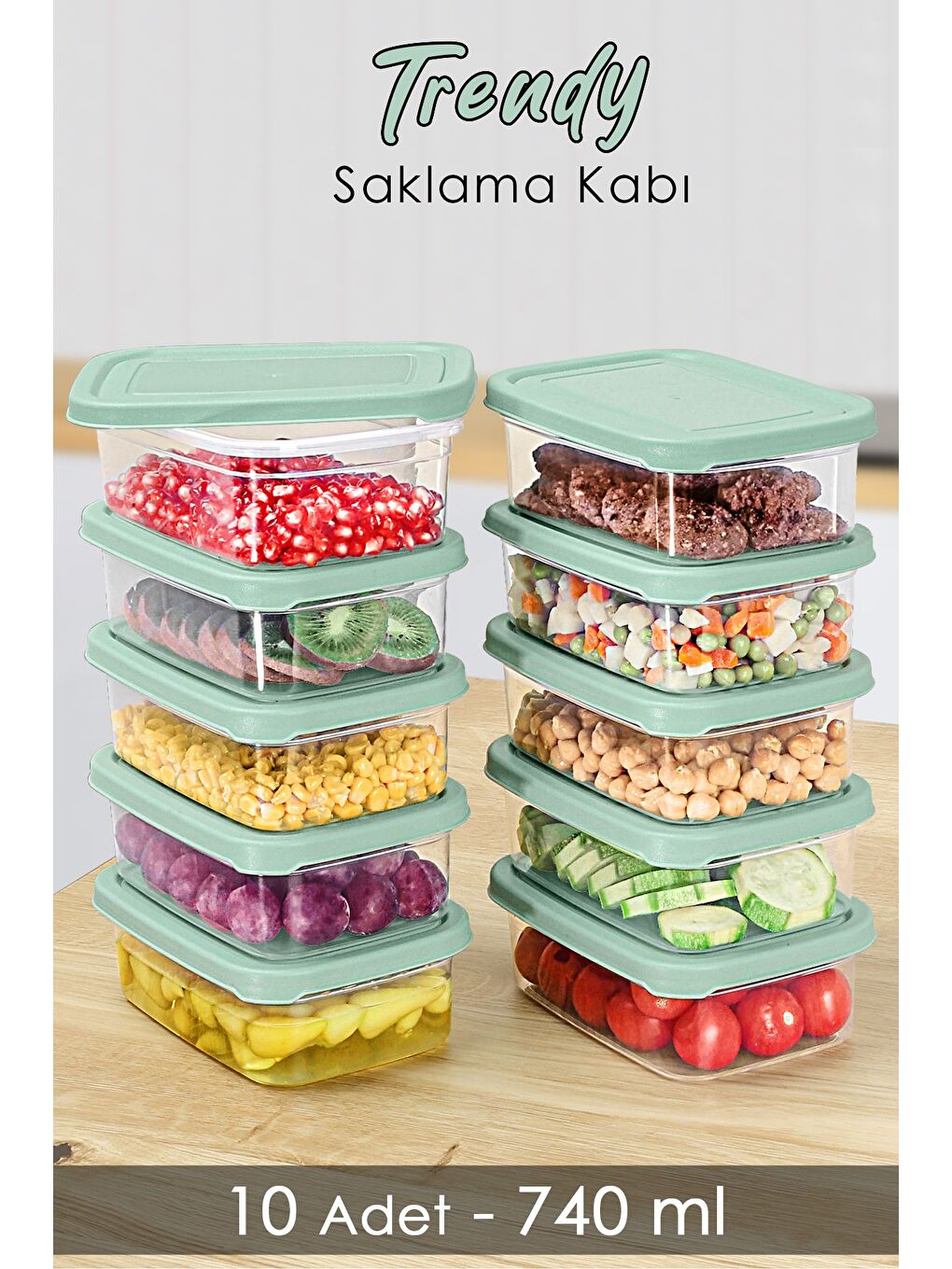 10 Adet Dikdörtgen Erzak Saklama Kabı Mikrodalgaya Uygun Düzenleyici Organizer 740ml Yeşil