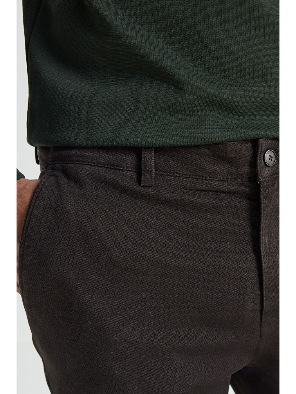 Erkek Kahverengi Slim Fit Dar Kesim Pamuklu Esnek Armürlü Yan Cep Pantolon-5