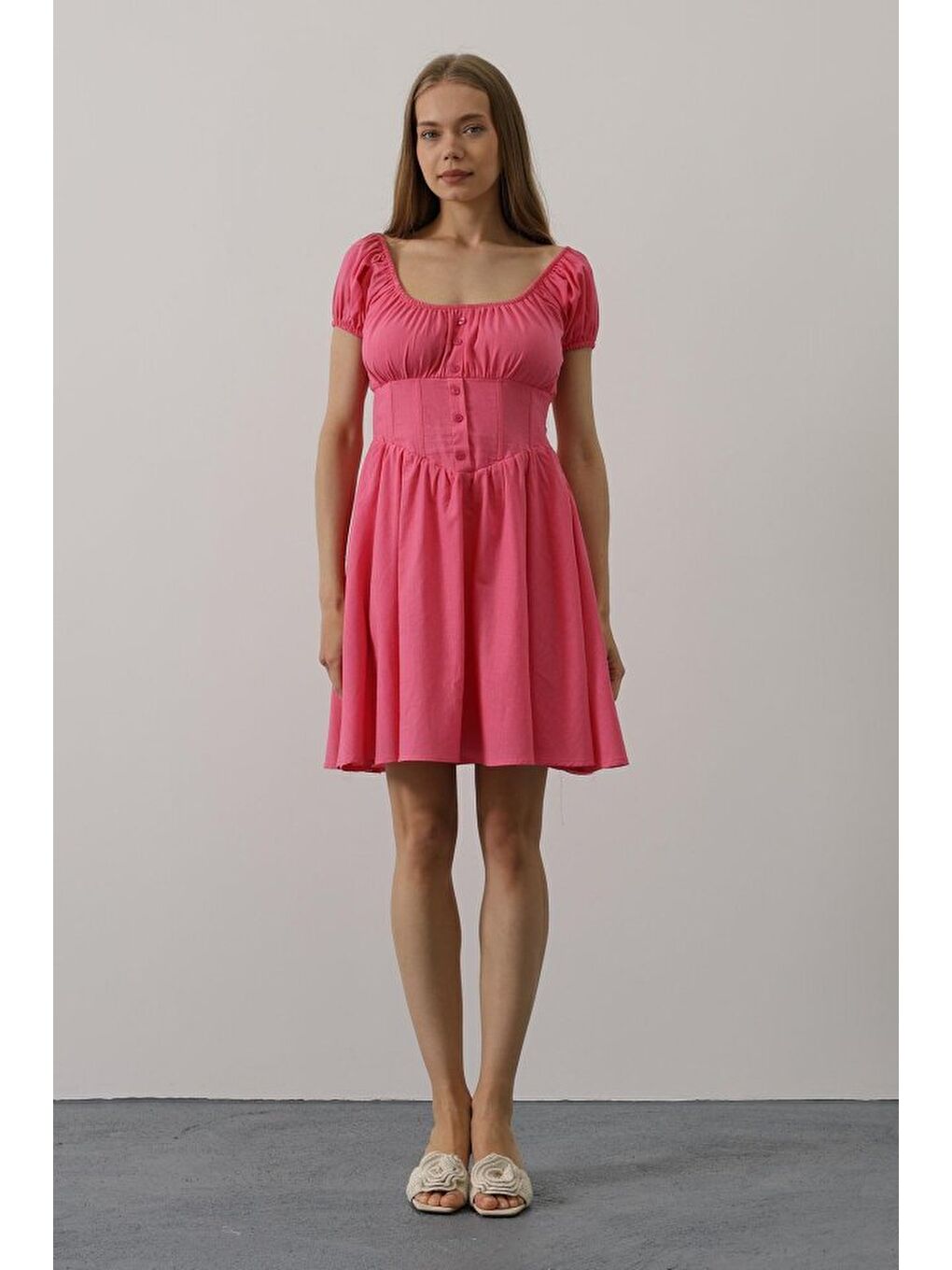 Beli Korseli Mini Elbise - Fuşya-1