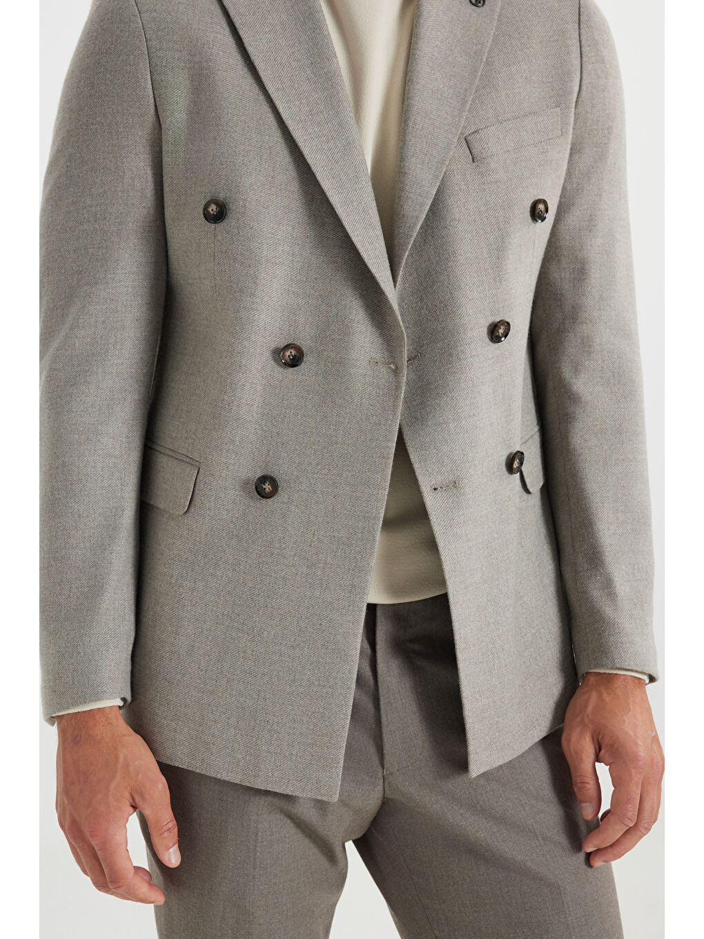 Bej Erkek Vizon Yünlü Slim Fit Dar Kesim Kırlangıç Yaka Kapak Cepli Blazer Ceket-5