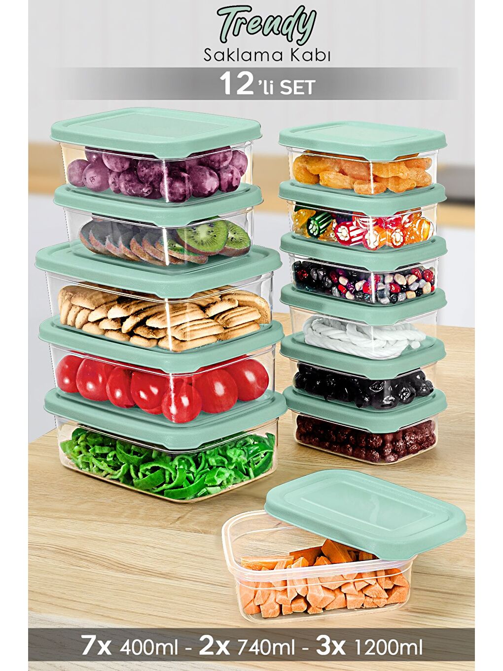 12li Dikdörtgen Erzak Saklama Kabı Seti Mikrodalgaya Uygun Düzenleyici Organizer Erzak Kabı Yeşil