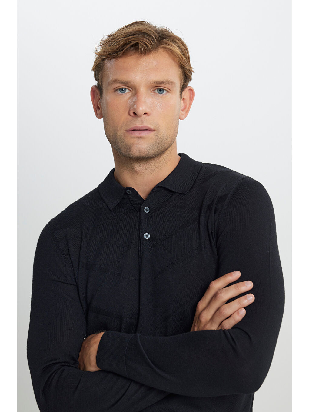 Erkek Siyah Sıcak Tutan Yün Standart Fit Normal Kesim Polo Yaka Jakarlı Triko Kazak-3