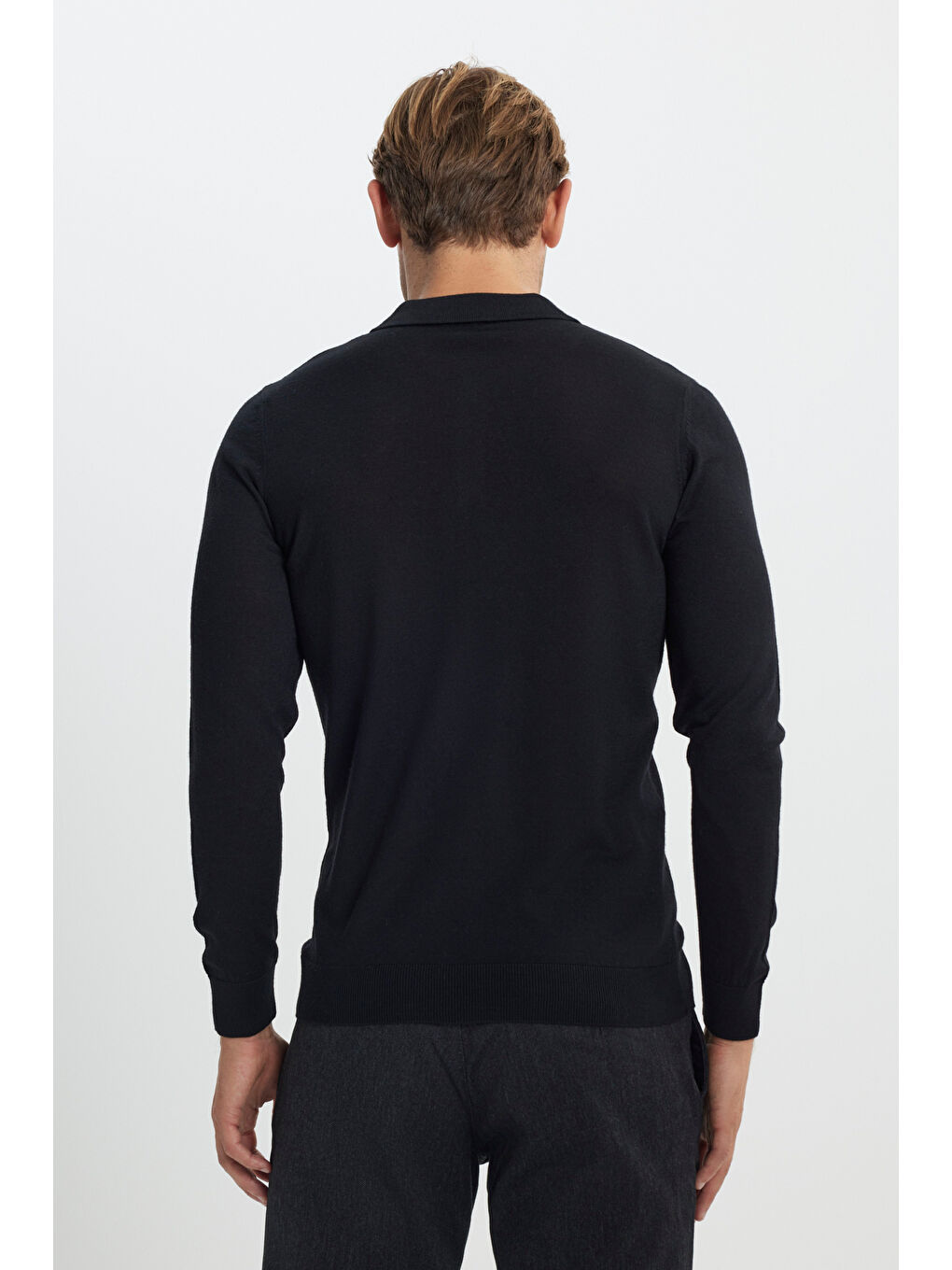Erkek Siyah Sıcak Tutan Yün Standart Fit Normal Kesim Polo Yaka Jakarlı Triko Kazak-4