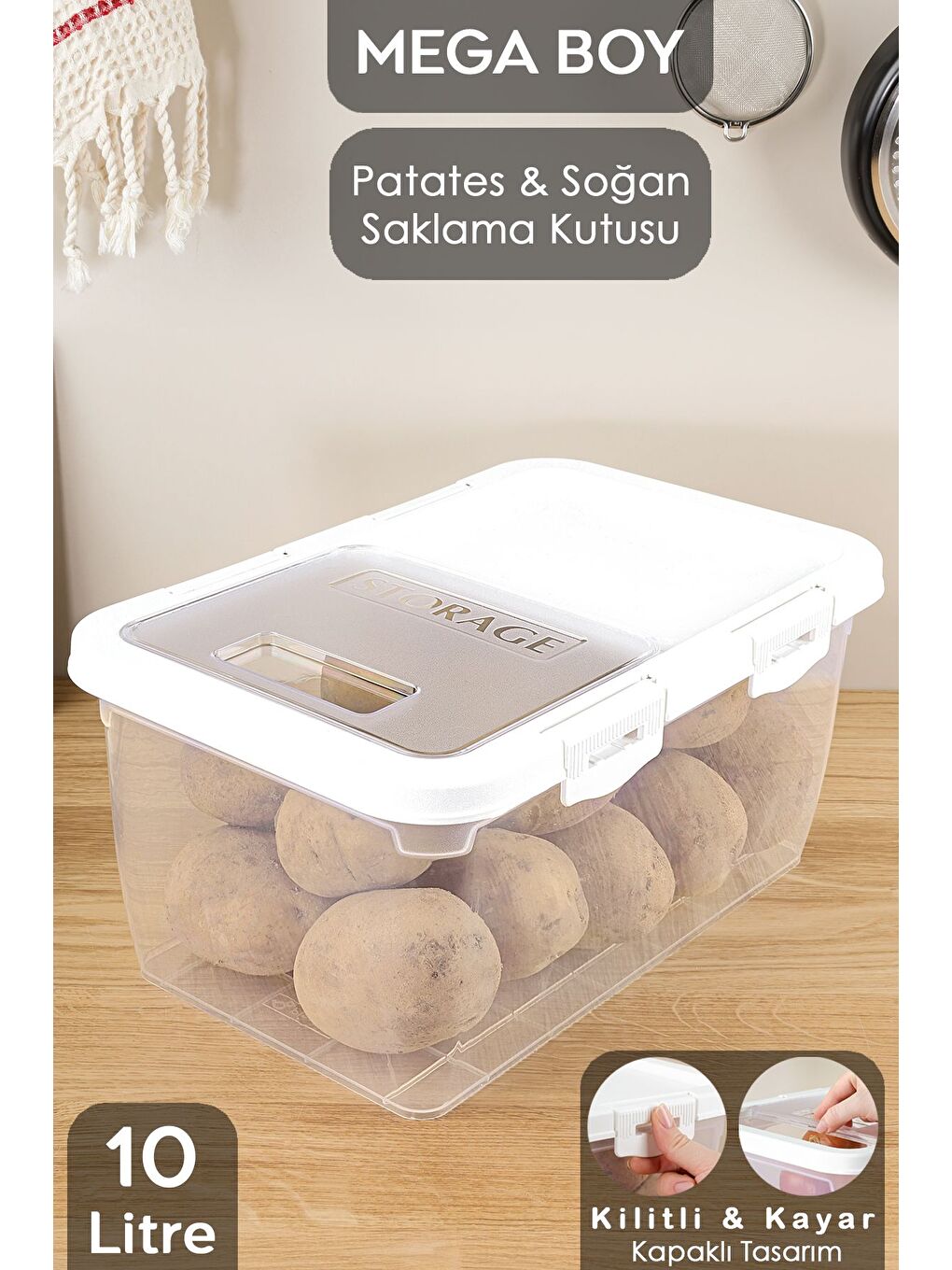 1 Adet Patates Soğan Kutusu Kayar Kapaklı Sebzelik Patates Soğanlık Saklama Kabı Beyaz 10 Lt