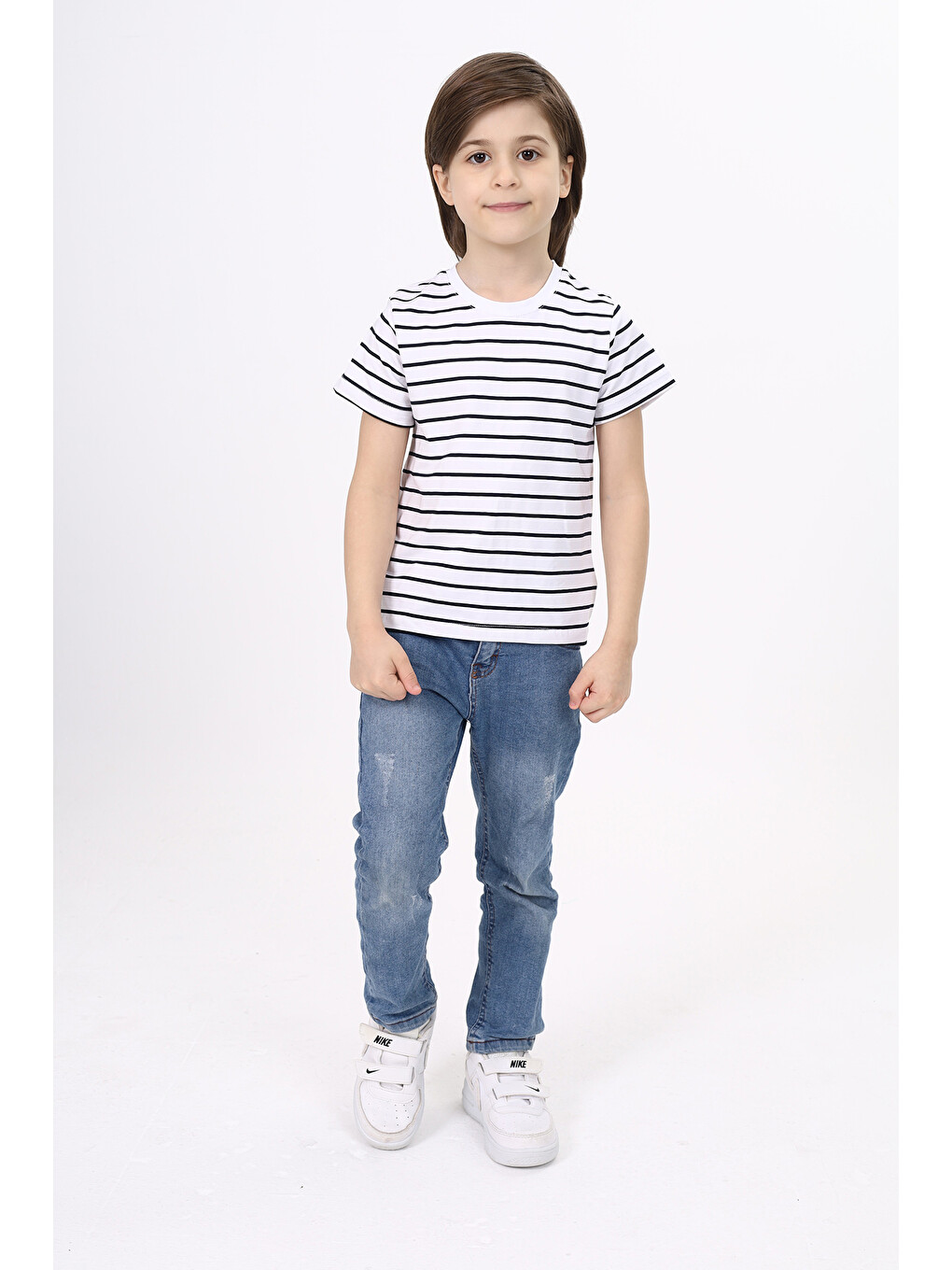 Lacivert Unisex Çocuk Çizgili Tişört-4