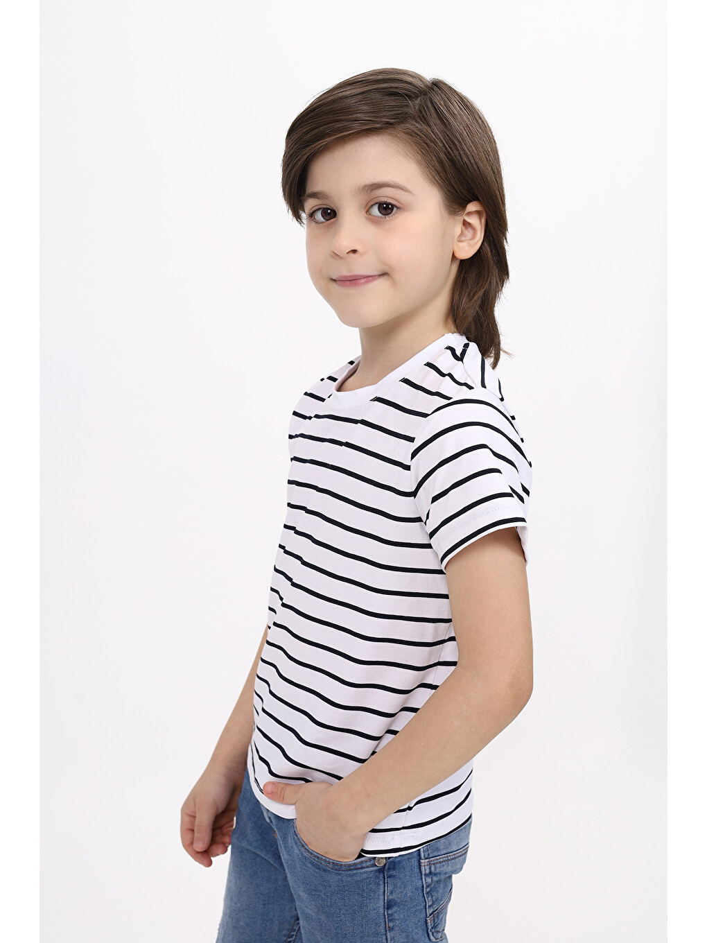Lacivert Unisex Çocuk Çizgili Tişört-5