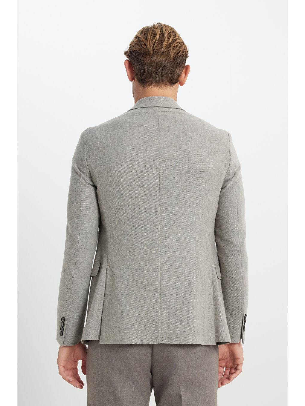 Bej Erkek Vizon Yünlü Slim Fit Dar Kesim Kırlangıç Yaka Kapak Cepli Blazer Ceket-6