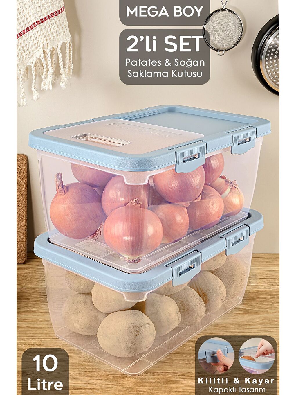 2 Adet Patates Soğan Kutusu Kayar Kapaklı Sebzelik Patates Soğanlık Saklama Kabı Mavi 10 Lt