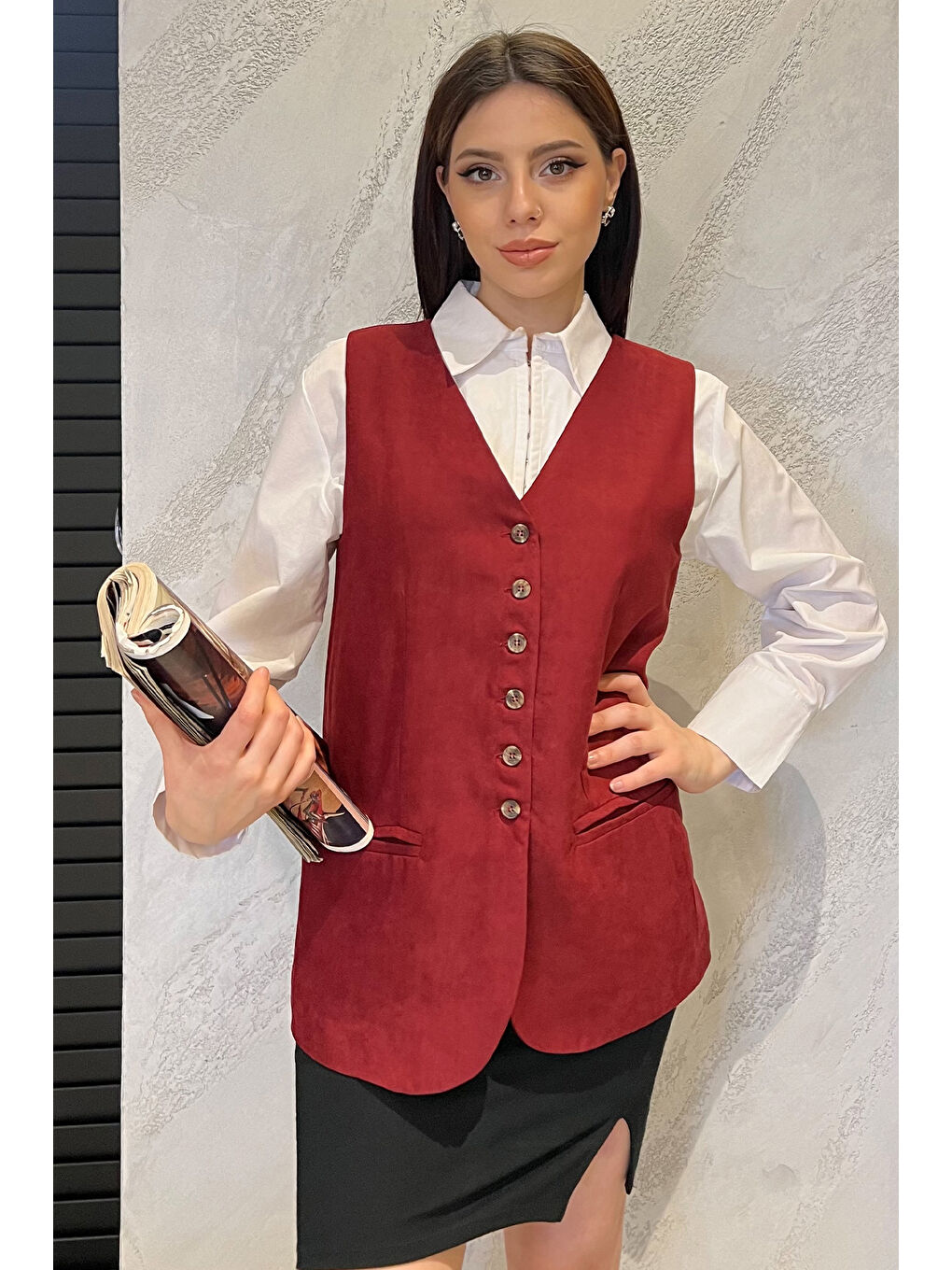 Bordo Kadın Kruvaze Yaka Astarlı Yelek