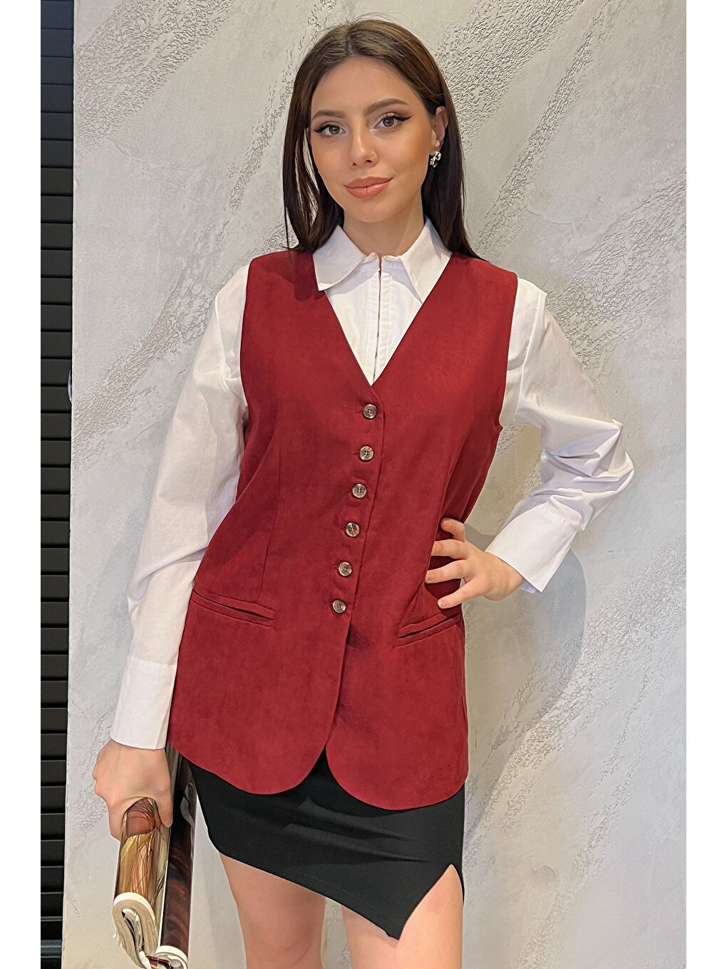 Bordo Kadın Kruvaze Yaka Astarlı Yelek-1