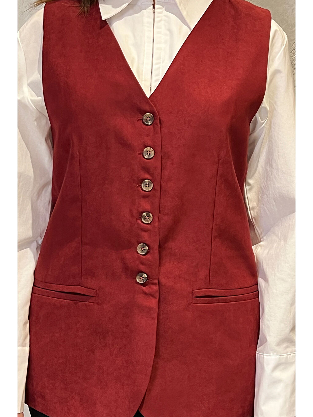 Bordo Kadın Kruvaze Yaka Astarlı Yelek-2