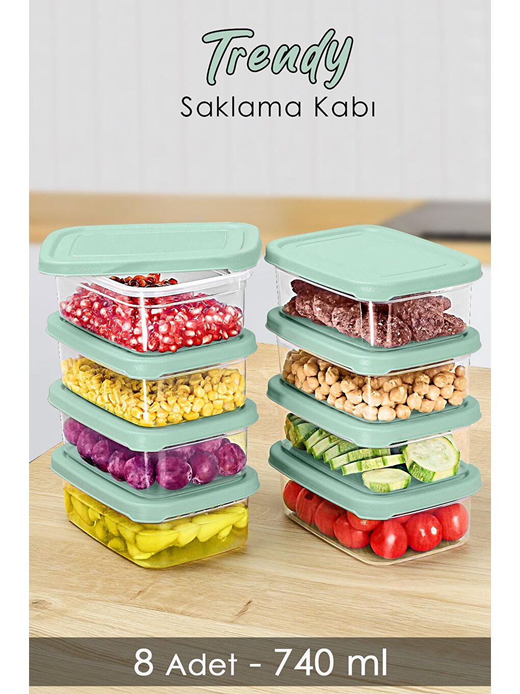 8 Adet Dikdörtgen Erzak Saklama Kabı Mikrodalgaya Uygun Düzenleyici Organizer 740ml Yeşil