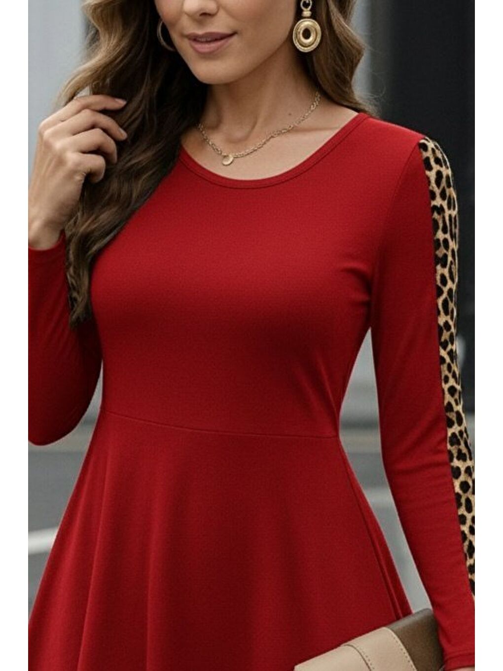 Kırmızı Kadın Uzun Kollu Bisiklet Yaka Kollar Leopar Detay Iki Iplik Mini Boy Elbise-1