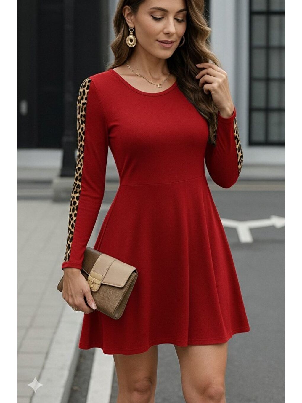 Kırmızı Kadın Uzun Kollu Bisiklet Yaka Kollar Leopar Detay Iki Iplik Mini Boy Elbise-2