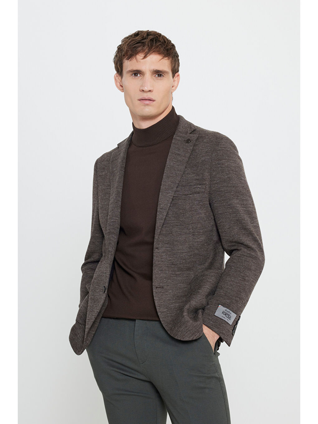 Erkek Kahverengi Slim Fit Dar Kesim Mono Yaka Yünlü Armürlü Torba Cepli Blazer Ceket-2